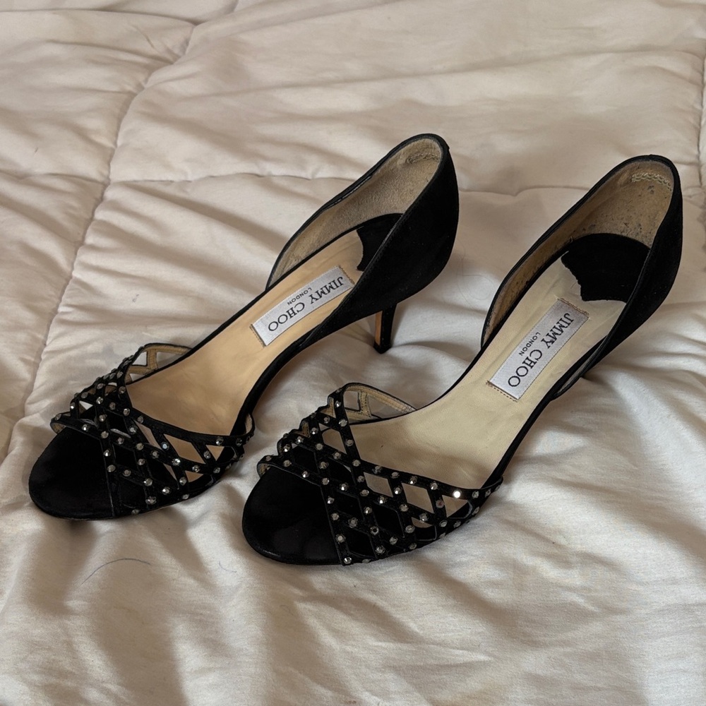 Jimmy Choo Black Suede d’Orsay Studded Peep-Toe Kitten Heels